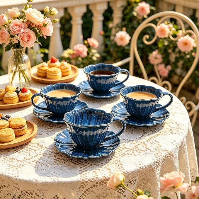 KOOV Latte Cup and Saucer Set of 4, Vintage Hand-Painted 10 oz Ceramic - Image 5