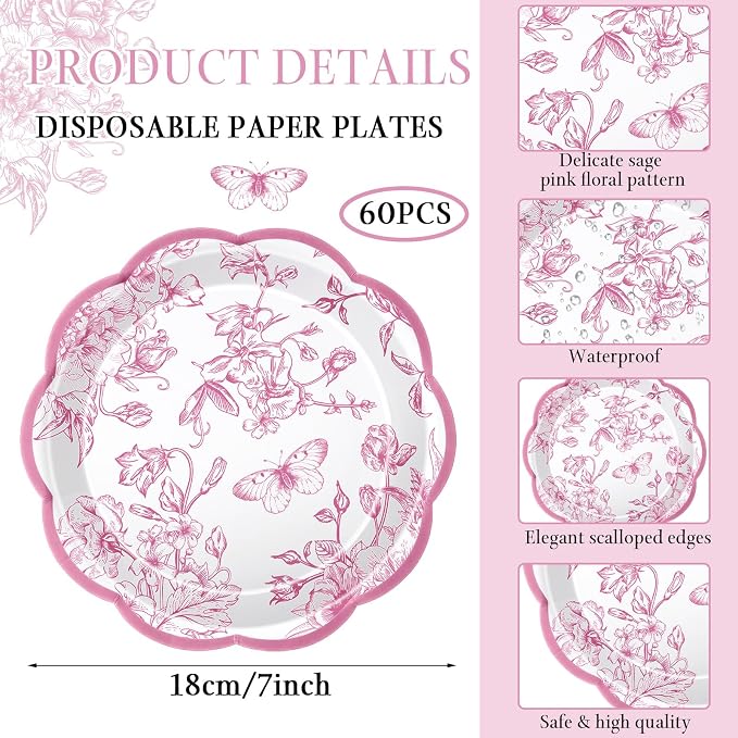 Willinglong 120 Pcs Floral Scalloped Paper Plates and Napkins Set, 2-ply Napkins - Image 2