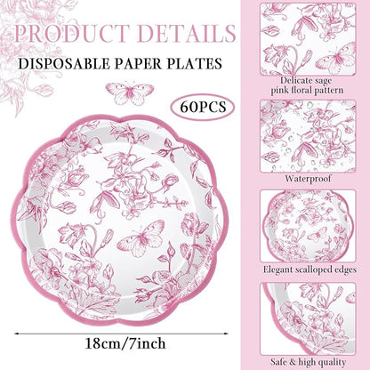 Willinglong 120 Pcs Floral Scalloped Paper Plates and Napkins Set, 2-ply Napkins - Image 2