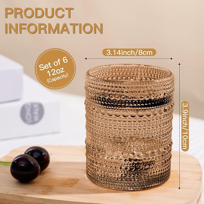 JOVGANK Brown Vintage Hobnail Drinking Glasses Set of 6, Embossed Water Tumbler - Image 2