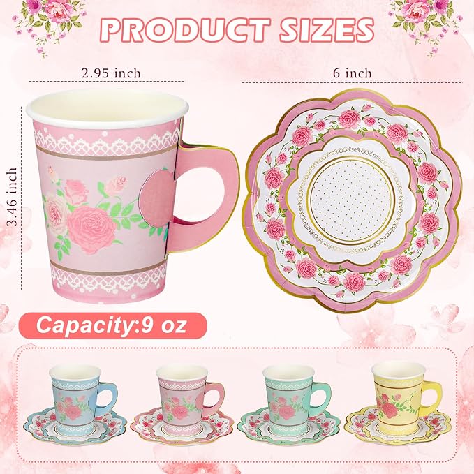 FillTouch 48 Sets Floral Paper Tea Cups and Saucers Disposable Paper Tea Party - Image 3