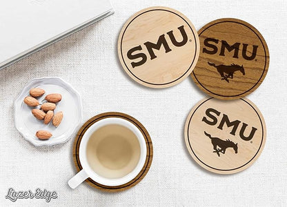 LazerEdge Southern Methodist Mustangs Wooden Coaster Set - Cherry Wood - Officially Licensed Product - 4-Pack