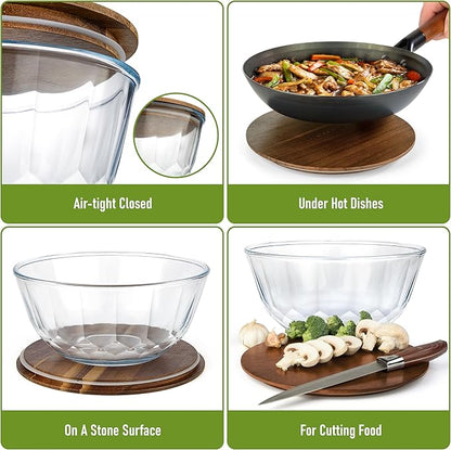 Large Stackable Set of 5 Nesting Glass Bowls with Acacia Lids for Foodprep, Storage, Baking, Sourdough Mixing & Cooking. Microwave & Oven Safe Heat Resistant Inert Borosilicate Glass