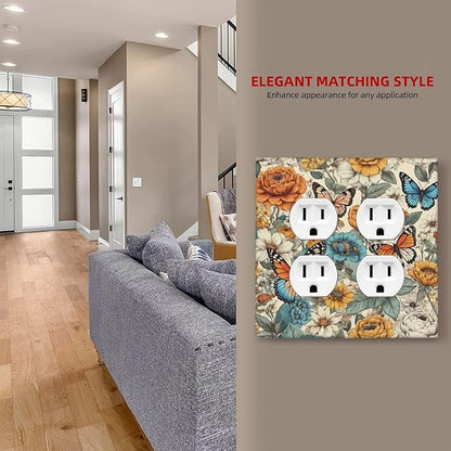 Light Switch Cover Vintage Colorful Floral Butterfly Flowers 2 Gang Decorative SwitchPlates Double Duplex Wall Plates Switch Plates and Outlet Covers for Bathroom Bedroom Decor