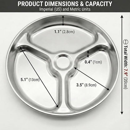 Korean Stainless Steel Divided Plates for Toddlers, Kids, Babies, 8-Inch, Premium 304, Electro-Polished, No Black Residue, BPA-Free, Round 3-Compartment Food Tray, Camping, Diet Control, Set of 2