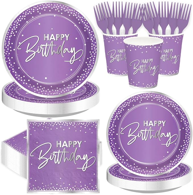 250Pcs Purple Silver Birthday Party Plates Serves 50 | Purple and Silver Plates by Greencian