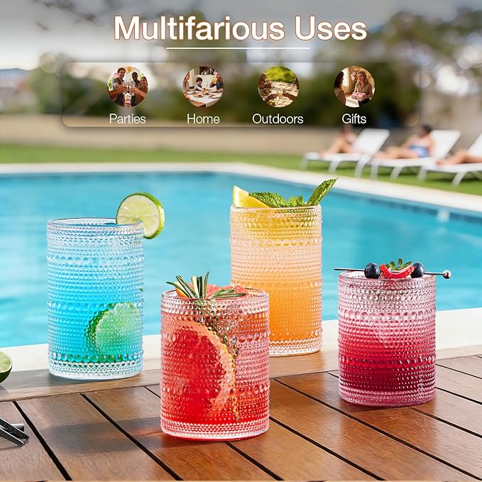 Hobnail Drinking Glass Set of 8, 4 Highball Glasses 15oz, 4 Rocks Glass 12oz | - Image 2