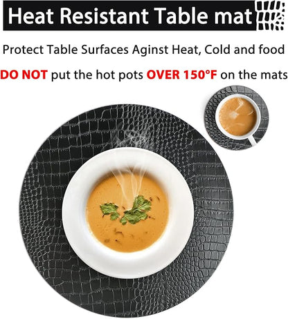 Round Leather Placemats for Round Tables Set of 8, Black Table Place Mats and Coasters, Washable Easy to Care for Indoor Decor 13" Diameter