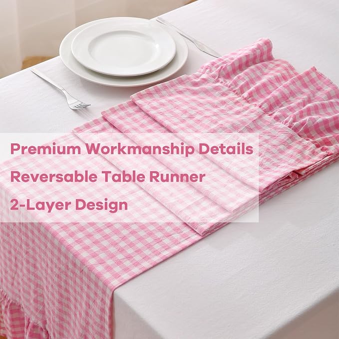 Pink White Plaid Gingham Ruffle Table Runner 72 inches Long 100% Washed Cotton - Image 5
