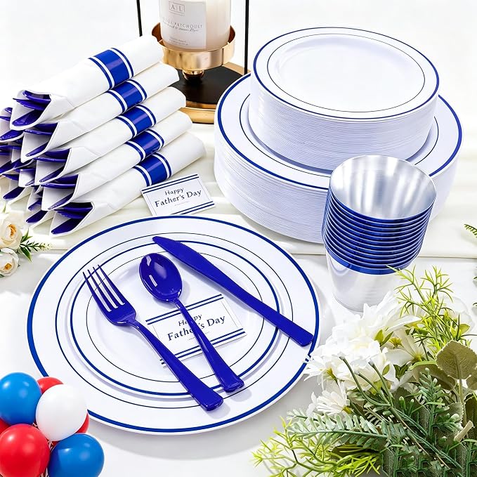 WELLIFE 210 Piece Blue Disposable Dinnerware Set, Plastic Plates - Image 3