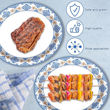 50Pcs Blue Floral Oval Plates 10"x 12", Large Disposable Paper Plates, Heavy Duty Flower Plate Tableware for Family Gathering, Dinner Time, Birthday, Wedding, Holiday Party Serving Supplies