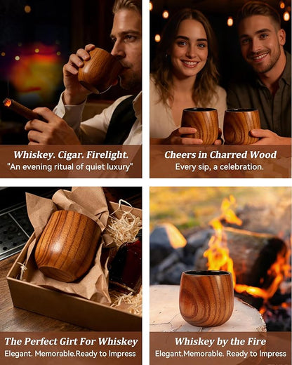 Handmade Charcoal-roasted Retro Wooden Whiskey Glass Set (2 Pieces), Classic Cocktail Glass, Traditional Bourbon Glass, Holidays, Men's Business Gifts