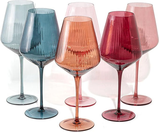 Crutello Modern Colored Wine Glasses 16 oz Glassware - Colorful Glasses Set of 6, Unique Fluted Colored Glassware with Ribbed Texture, Art Deco Red & Fancy White Wine Glass
