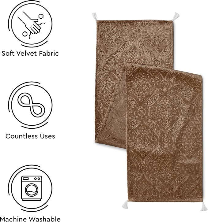 Encasa XO Table Runner, Embossed Velvet, Elegant 13"x94" | Coffee, 175 GSM - Image 4
