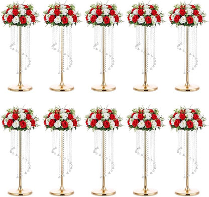 Nuptio Wedding Centerpieces Gold Vases: 10 Pcs 27.6in Tall Crystal Flower Vase Metal Flowers Stand for Party Tables Decorations - Elegant Bulk Weddings Decoration Table Chandelier Centerpiece Stands
