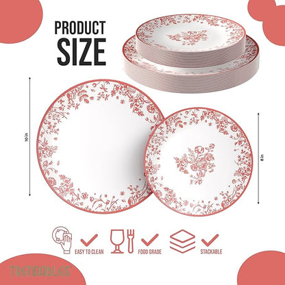 Trendables Disposable Plates For Party Supplies | Pink Floral Plastic Plates For Wedding 200 Pcs - 100 X 8 & 100 X 10 Dinner Plate Sets | Floral Plate Set Disposable Plastic Dinnerware Sets