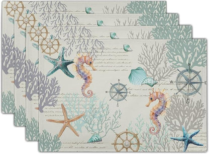 Nautical Placemats Set of 4 Starfish Sea Shell Beach Theme Ocean Coral Washable Non-Slip Heat Resistant 12×18 Inch Seasonal Summer Linen Fabric Table Mat for Party Kitchen Dining
