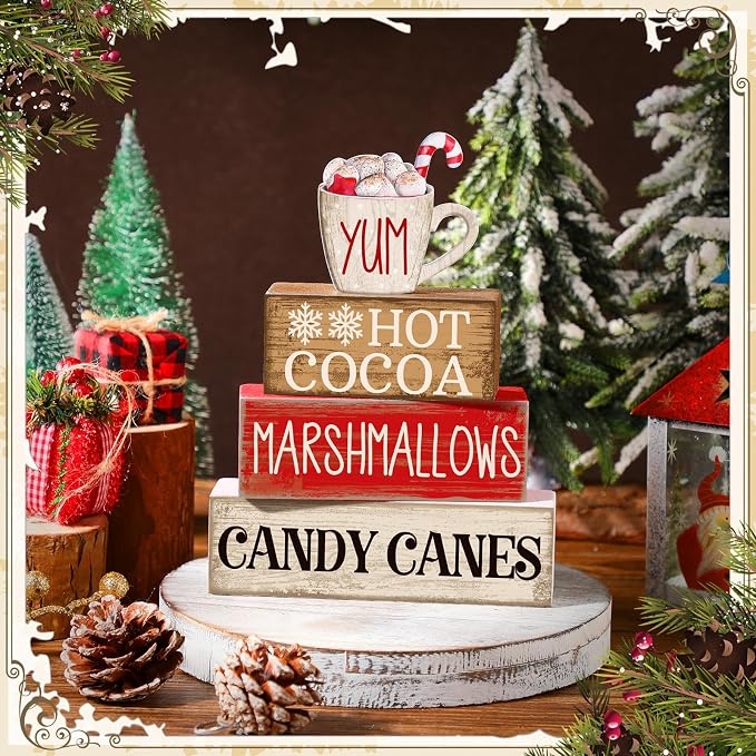 Moucuny 4 Pcs Wooden Christmas Tabletop Decor Hot Cocoa Tiered Tray Decor - Image 2