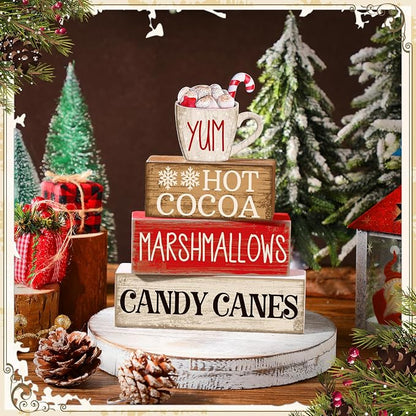 Moucuny 4 Pcs Wooden Christmas Tabletop Decor Hot Cocoa Tiered Tray Decor - Image 2