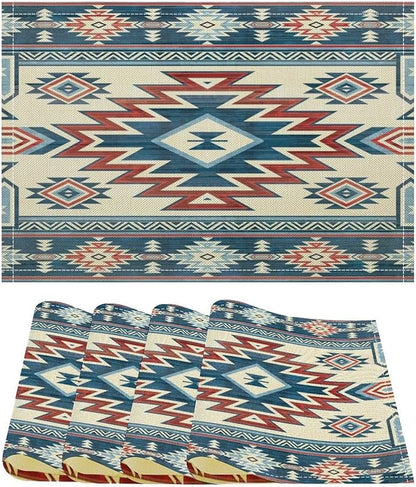 Ethnic Aztec Placemat Set, Vintage Bohemian Rustic Farmhouse Blue Red Mystic Native Tribal Geometric Totem Pattern Home Decor Linen Table Mats for Dining Room Kitchen Party (17x12in) x4P