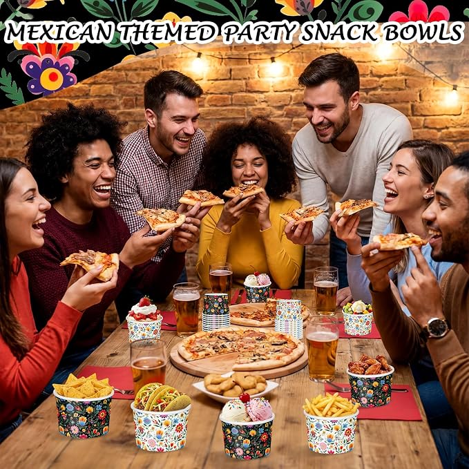 CHENGU 60 Pcs Mexican Colorful Flowers Snack Cups 9 oz Disposable Mexican - Image 4