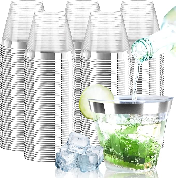 9oz Clear Plastic Cups with Silver Rimmed Sturdy & Food Safe Disposable Wine by ByvivaceDisposables