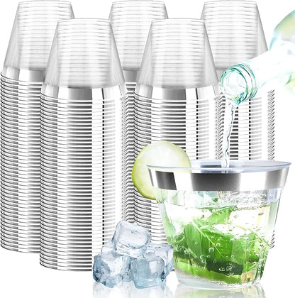 9oz Clear Plastic Cups with Silver Rimmed Sturdy & Food Safe Disposable Wine by ByvivaceDisposables
