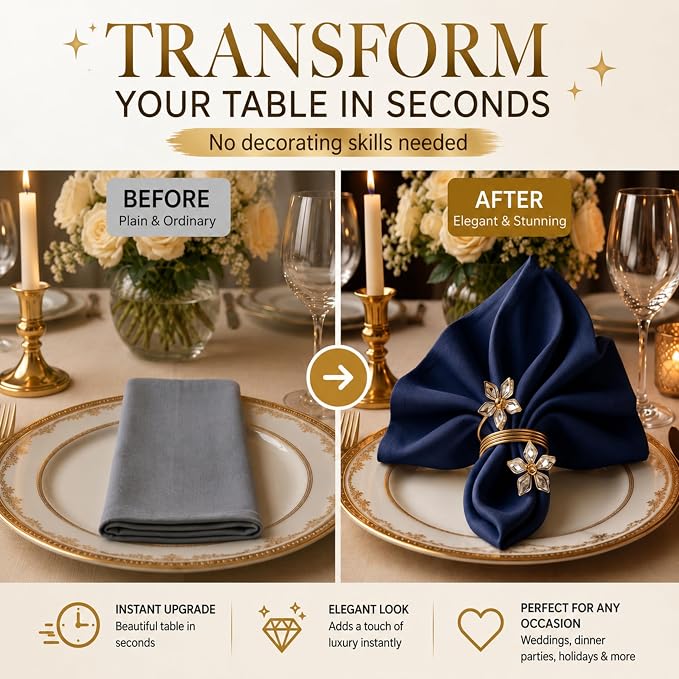 Gold Napkin Rings Set of 12 – Crystal Flower Design – Luxury Napkin Rings Gold - Image 3