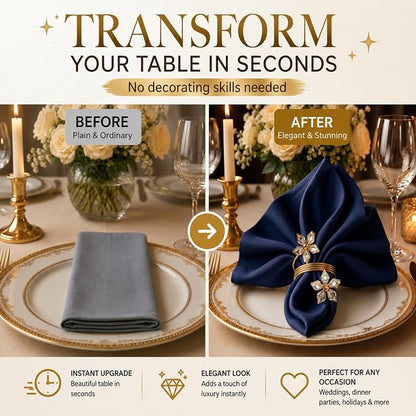 Gold Napkin Rings Set of 12 – Crystal Flower Design – Luxury Napkin Rings Gold - Image 3