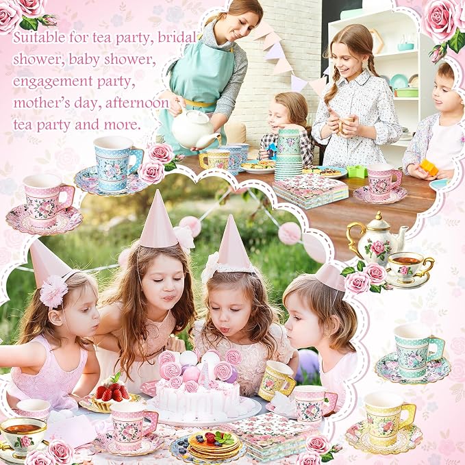SUMMORO 180 Pcs Floral Paper Tea Cups and Plates 9 OZ Disposable Paper TeaCups - Image 7