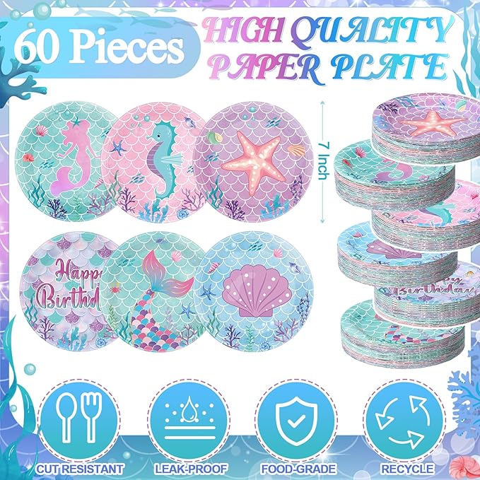 60 Pcs Mermaid Birthday Party Decor 7 Inch Mermaids Dessert Paper Plates Under the Sea Disposable Dinner Cake Plates Princess Shell Dinnerware for Ocean Baby Shower Party Supplies