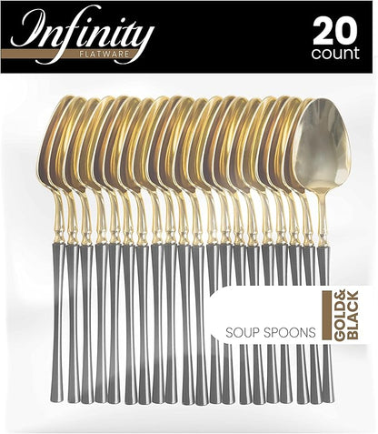 PlasticPro 20 Count Gold and Black Plastic Soup Spoons Premium Quality Heavy Duty Disposable Elegant Silverware Two Tone Soup Spoons for Party