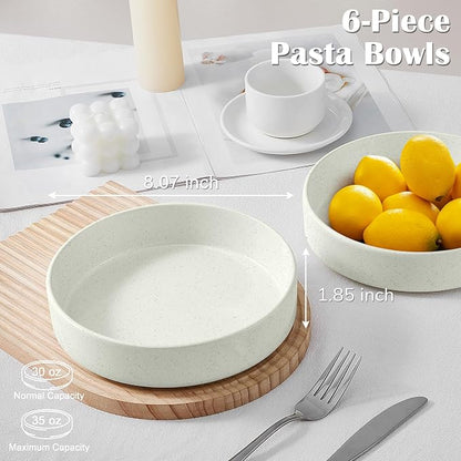 E-far Pasta Bowls Set of 6, 35 oz Large Stoneware Bowl Plates | Shallow & Wide - Image 2