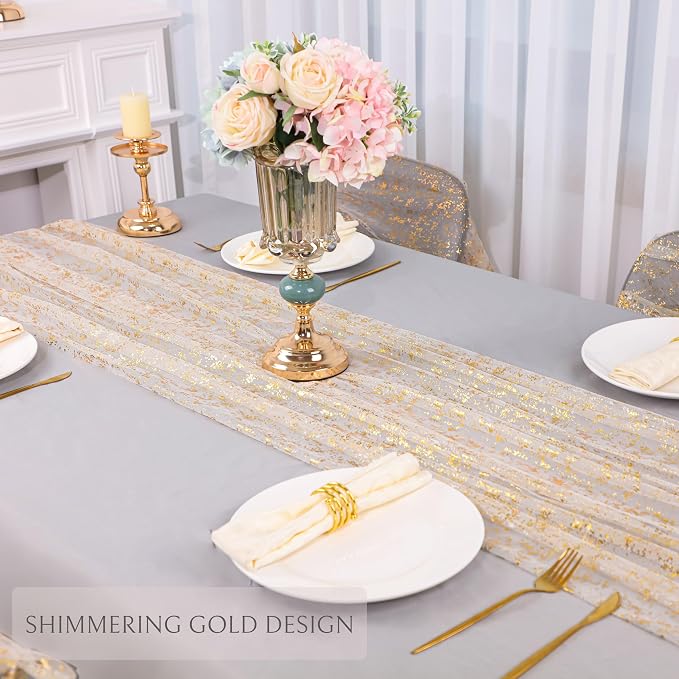Snowkingdom 2Pcs Gold Gauze Table Runners 10Ft Sheer Chiffon Cheesecloth - Image 3