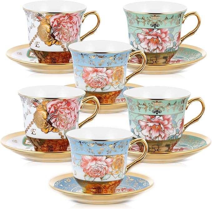 Teenyyou Set of 6 Tea Cups and Saucers Tea Party Decorations Floral Porcelain by Teenyyou