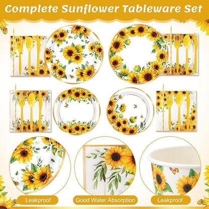 450 Pcs Sunflower Birthday Tableware Set Decorations, Serves 50 | Floral Paper - Image 3
