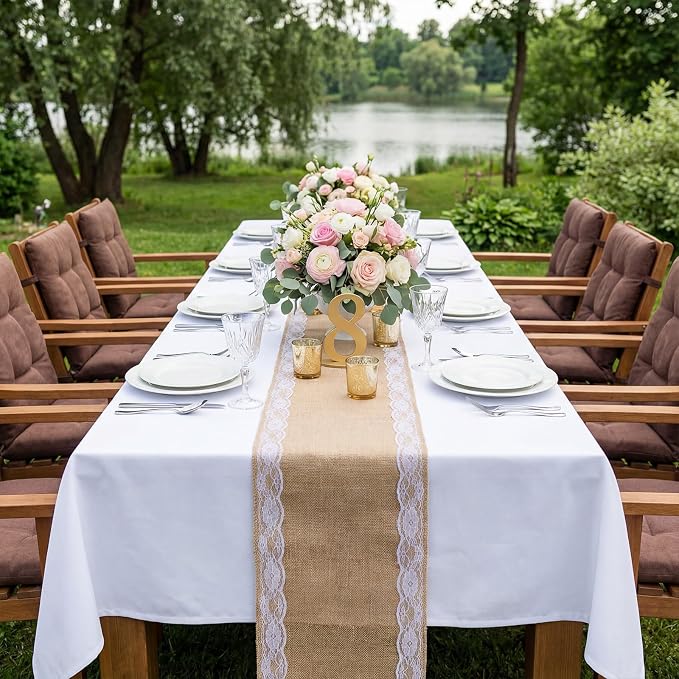 Tatuo 12 Pcs Lace Burlap Table Runner 12'' x 72'' Rustic Jute Hessian Farmhouse - Image 4