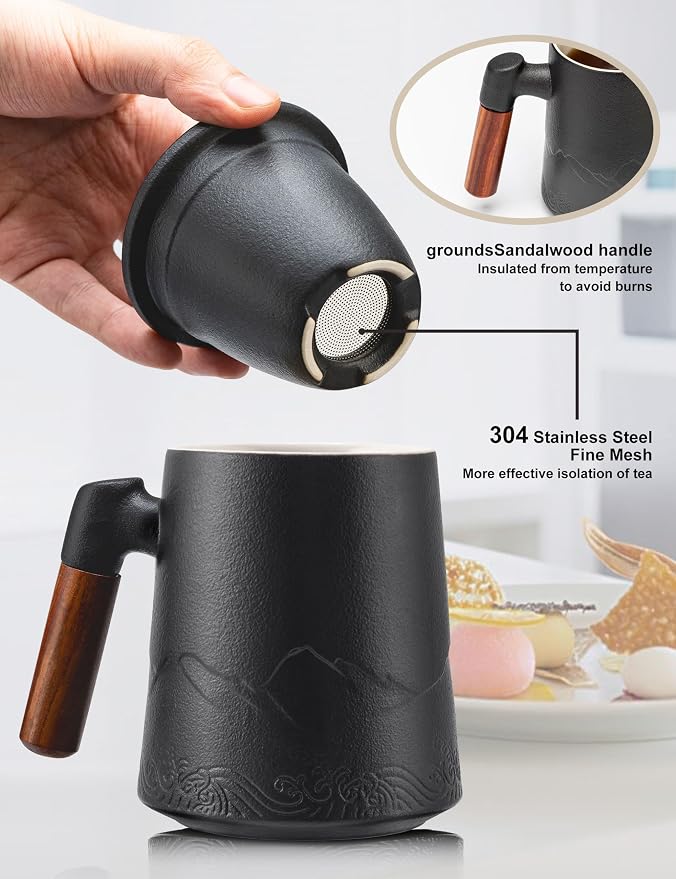 suyika Tea Cup with Infuser and Lid, 15.2 Ounce Wood Handle Ceramic Loose Leaf - Image 4