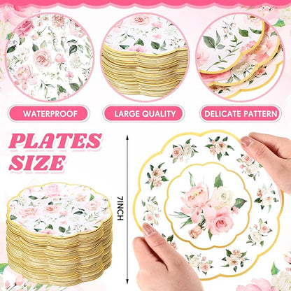 Umigy 120 Pcs Summer Pink Floral Paper Plates 7 Inch Floral Party Decoration Plates, Summer Wild Flower Disposable Decorative Tableware for Birthday Wedding Baby Shower Tea Party Bridal Shower