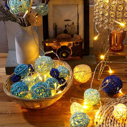 Patelai 36 Pcs Wicker Rattan Balls Decorative Balls for Vase Centerpiece Bowls Orbs Filler for Home Decor,4 Sizes(White, Blue Series)
