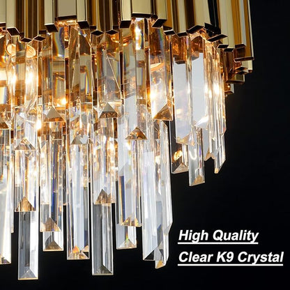 L43.3 Modern Rectangle Crystal Chandelier Gold Linear Pendant Ceiling Light Fixture for Dining Room Contemporary Oval Raindrop Chandeliers Lighting for Kitchen Island 13-Light