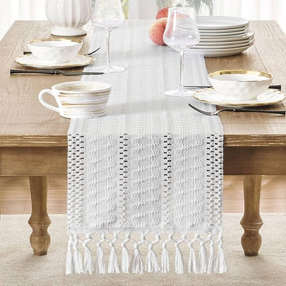 Macrame Style Boho Table Runner, 12x48 Inch White | Woven Boho Table Runner - Image 2