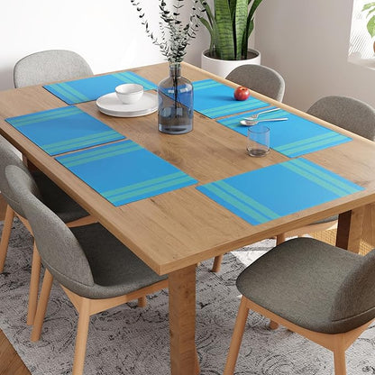 Encasa XO Dining Placemat Set of 6 | Ladder Turq Blue Color | Fine Ribbed Cotton Table mat | Size 18x13 in | Machine Washable