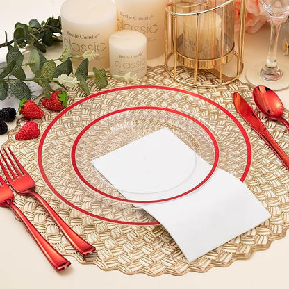 BESTSTAR 200PCS Red and Clear Plastic Plates, Disposable Plate Set with 100 Dinner Plate and 100 Dessert Plates for Party, Christmas, Valentine's Day