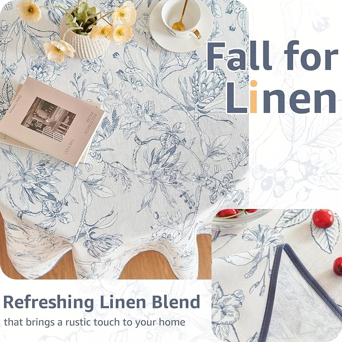 jinchan Blue Floral Linen Square Table Cloth 50 x 50 Inch | Blue floral accents - Image 4