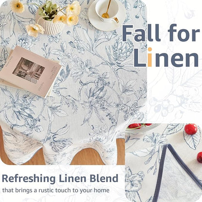 jinchan Blue Floral Linen Square Table Cloth 50 x 50 Inch | Blue floral accents - Image 4