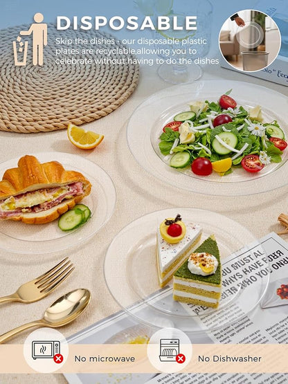 WDF 200PCS Clear Plastic Plates for Party - Heavy Duty Clear Disposable Plates - 100 x 10 Dinner Plate and 100 x 7 Dessert/Cake Plastic Plate for Weddings/Traval/Party/BBQ/Events