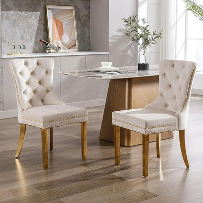 KCC Velvet Dining Chairs Set of 6, Upholstered High-end Tufted Dining Chair with Nailhead Back Ring Pull Trim Stainless Steel Legs, Contemporary Nikki Collection Modern Style for Kitchen, Beige