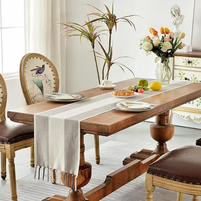 Wracra Linen Table Runner, Stripe Table Runners 90 Inches Long Coffee | - Image 7