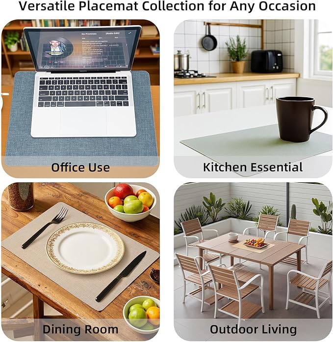 Heat Resistant Placemats Set of 2, 17x12in Waterproof Wipeable Faux Leather Non Slip Table Mats, Easy to Clean, Stain Resistant, for Kitchen Dining Room– Charcoal Blue